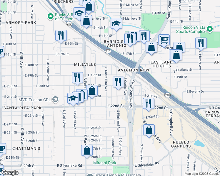 map of restaurants, bars, coffee shops, grocery stores, and more near 1220 East 20th Street in Tucson