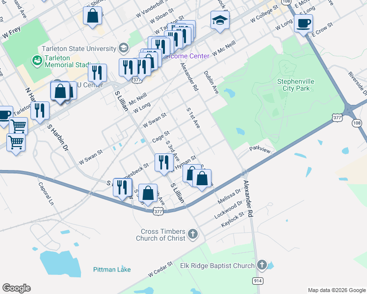 map of restaurants, bars, coffee shops, grocery stores, and more near 1365 Groesbeck Street in Stephenville