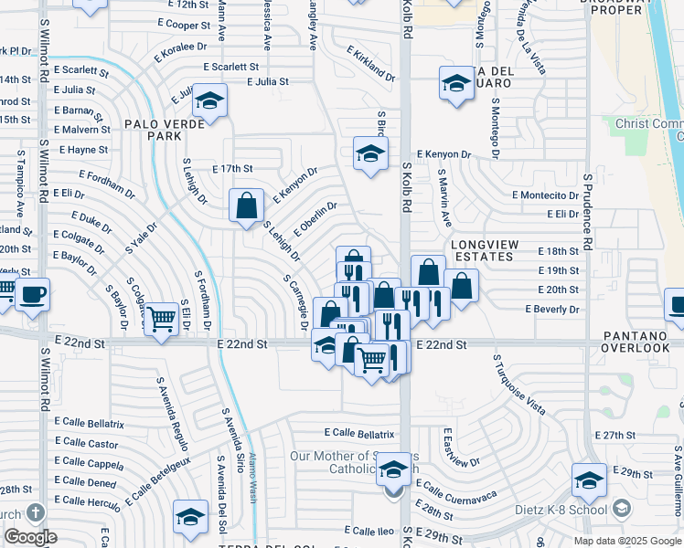 map of restaurants, bars, coffee shops, grocery stores, and more near 6933 East Douglas Place in Tucson