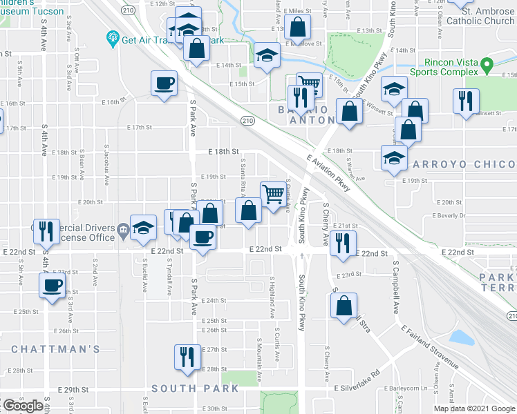 map of restaurants, bars, coffee shops, grocery stores, and more near 1220 East 20th Street in Tucson