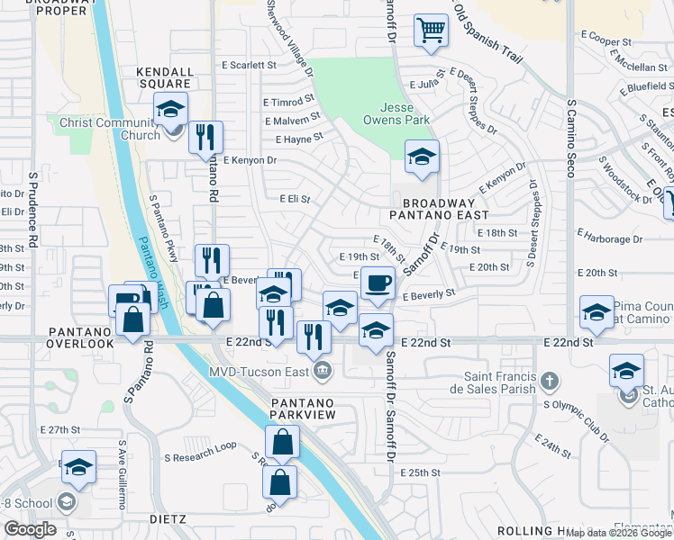 map of restaurants, bars, coffee shops, grocery stores, and more near 8175 East 20th Street in Tucson