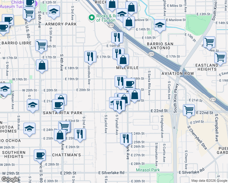 map of restaurants, bars, coffee shops, grocery stores, and more near 744 East 20th Street in Tucson