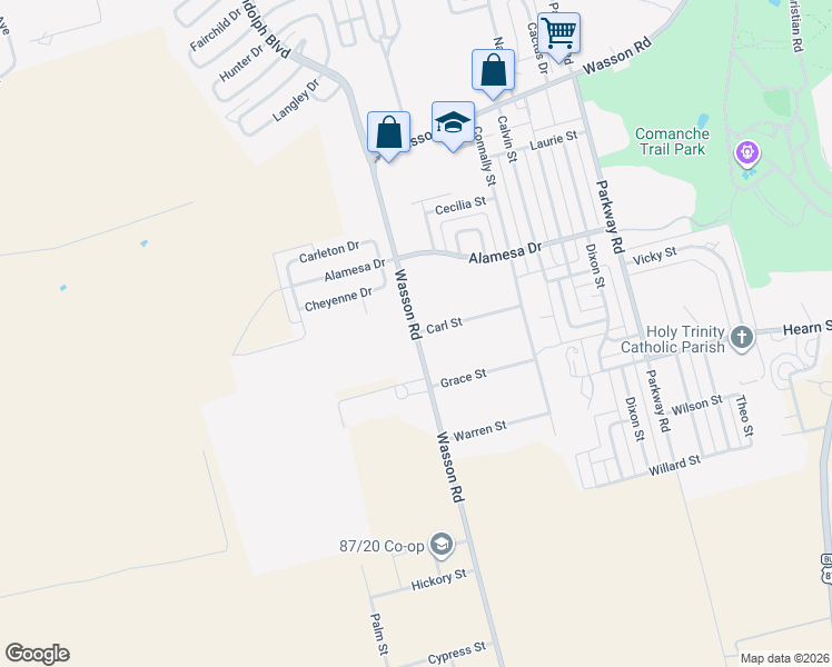 map of restaurants, bars, coffee shops, grocery stores, and more near 2100-2398 Carl Street in Big Spring