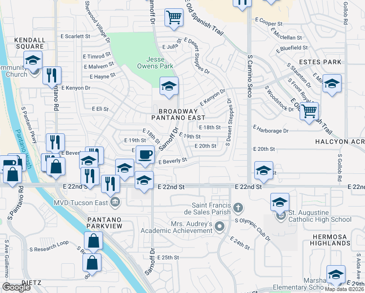 map of restaurants, bars, coffee shops, grocery stores, and more near 923 South Elmerita Avenue in Tucson