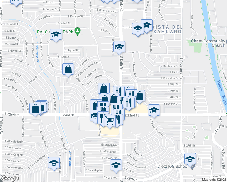 map of restaurants, bars, coffee shops, grocery stores, and more near 830 South Langley Avenue in Tucson