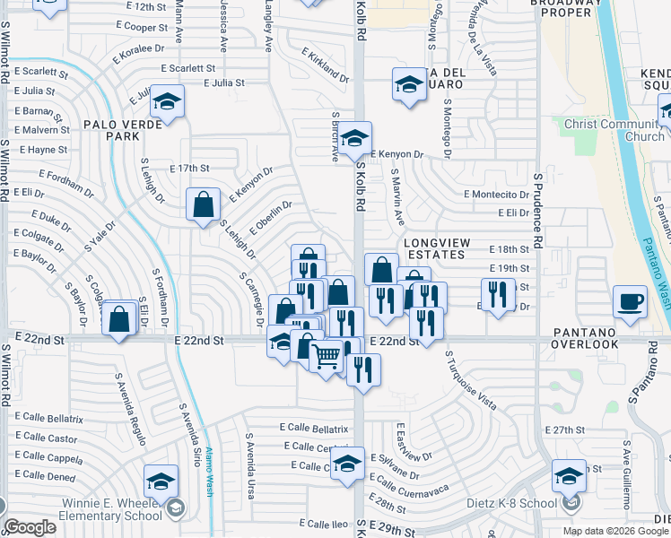 map of restaurants, bars, coffee shops, grocery stores, and more near 830 South Langley Avenue in Tucson