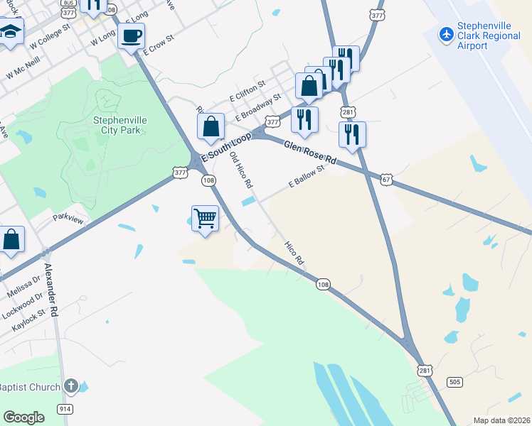 map of restaurants, bars, coffee shops, grocery stores, and more near 928 Old Hico Road in Stephenville