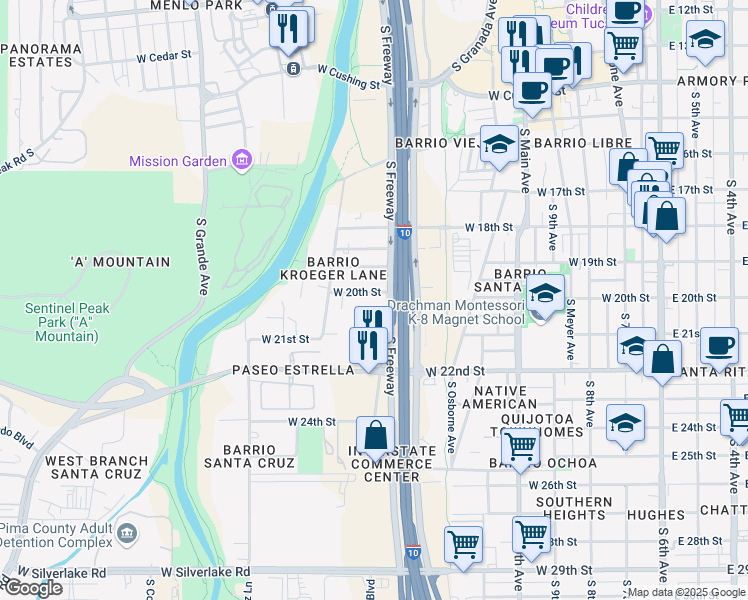 map of restaurants, bars, coffee shops, grocery stores, and more near 1000 South Farmington Road in Tucson