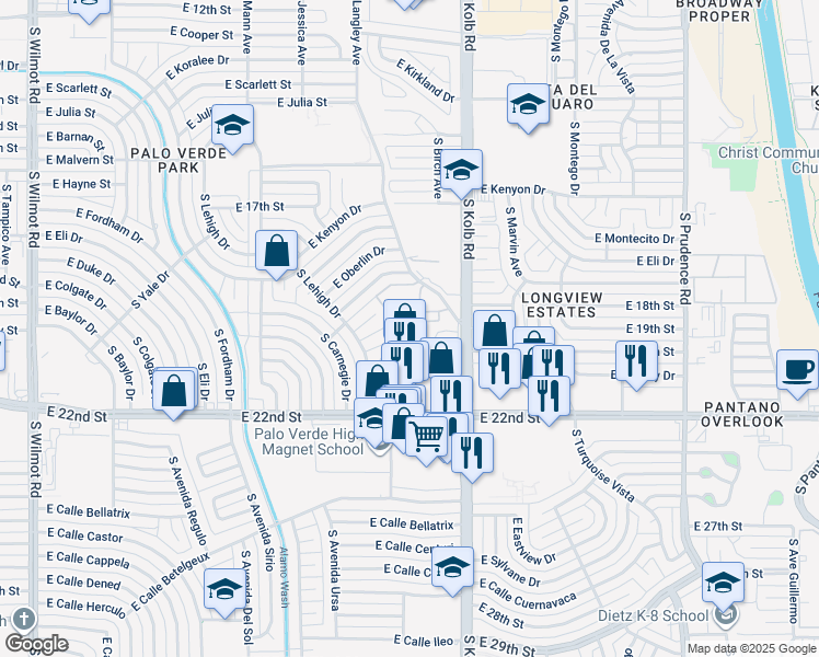 map of restaurants, bars, coffee shops, grocery stores, and more near 830 South Langley Avenue in Tucson