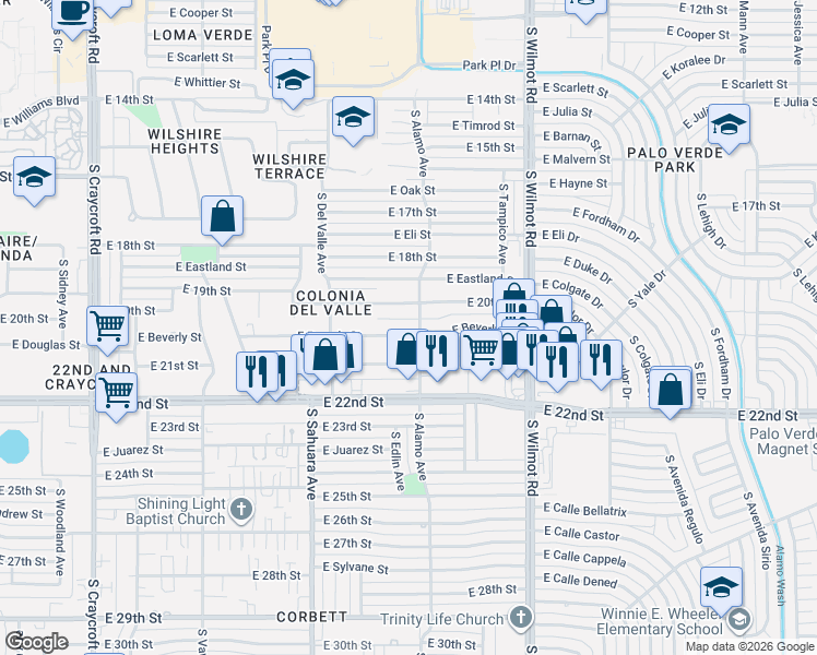 map of restaurants, bars, coffee shops, grocery stores, and more near 6101 East Beverly Street in Tucson