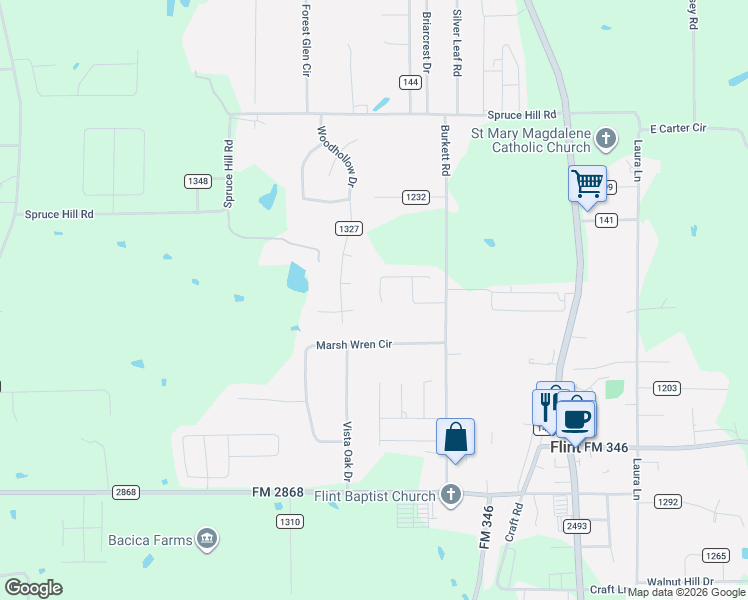 map of restaurants, bars, coffee shops, grocery stores, and more near 11254 Fox Trail in Flint