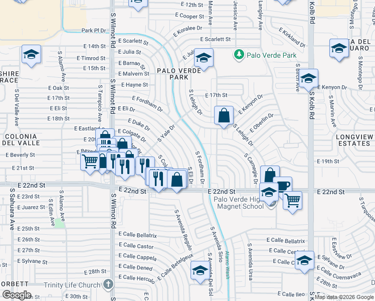 map of restaurants, bars, coffee shops, grocery stores, and more near 921 South Eli Drive in Tucson