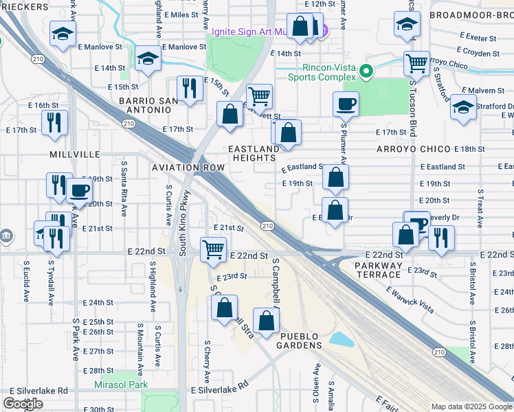 map of restaurants, bars, coffee shops, grocery stores, and more near 1817 East Aviation Parkway in Tucson