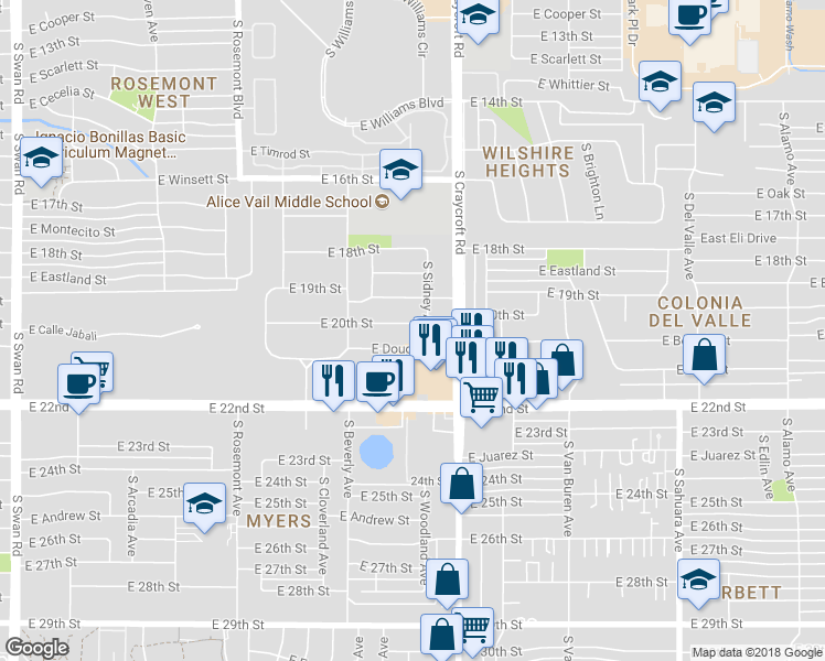 map of restaurants, bars, coffee shops, grocery stores, and more near 5416 East 20th Street in Tucson