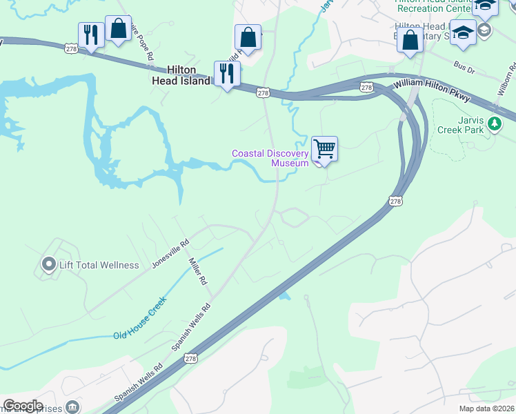 map of restaurants, bars, coffee shops, grocery stores, and more near 31 Seagrass Landing Court in Hilton Head Island