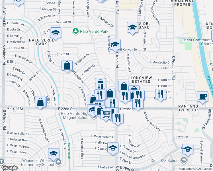 map of restaurants, bars, coffee shops, grocery stores, and more near 830 South Langley Avenue in Tucson