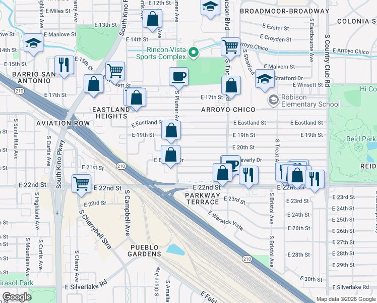 map of restaurants, bars, coffee shops, grocery stores, and more near 2236 East 20th Street in Tucson