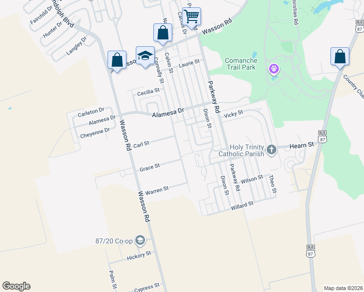 map of restaurants, bars, coffee shops, grocery stores, and more near 4053 Connally Street in Big Spring