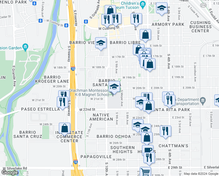 map of restaurants, bars, coffee shops, grocery stores, and more near 1055 South 10th Avenue in Tucson