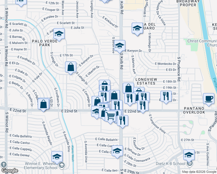 map of restaurants, bars, coffee shops, grocery stores, and more near 832 South Langley Avenue in Tucson