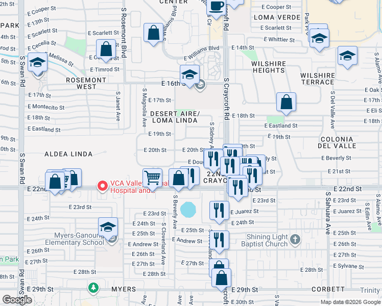 map of restaurants, bars, coffee shops, grocery stores, and more near 5340 East 20th Street in Tucson