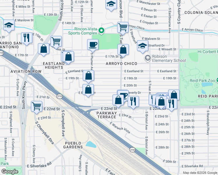 map of restaurants, bars, coffee shops, grocery stores, and more near 2334 East 20th Street in Tucson
