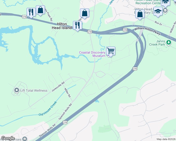 map of restaurants, bars, coffee shops, grocery stores, and more near 31 Seagrass Landing Court in Hilton Head Island