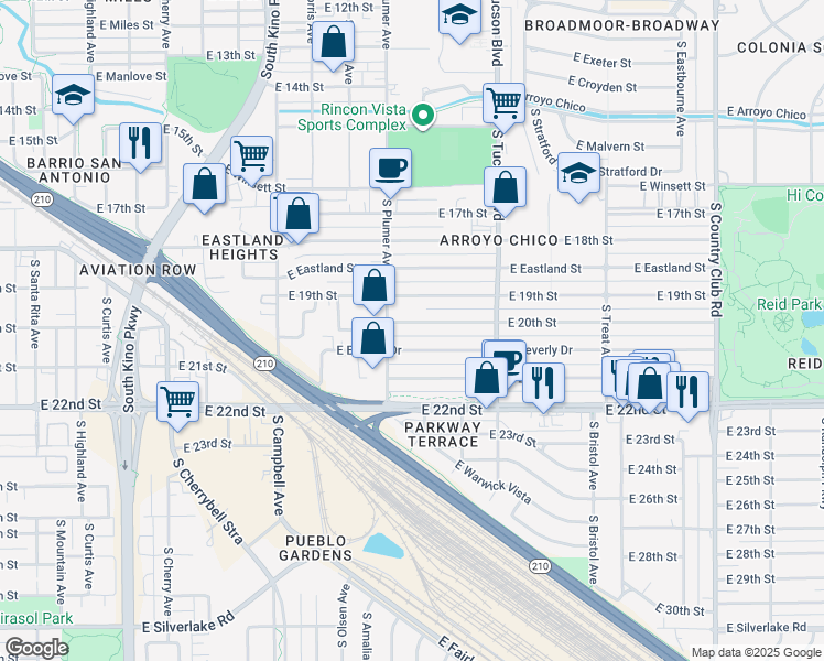 map of restaurants, bars, coffee shops, grocery stores, and more near 2236 East 20th Street in Tucson