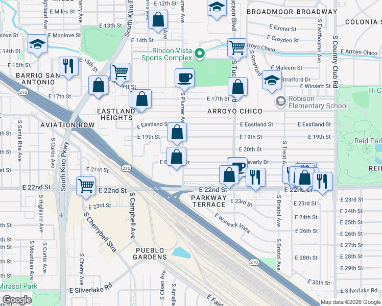 map of restaurants, bars, coffee shops, grocery stores, and more near 2236 East 20th Street in Tucson