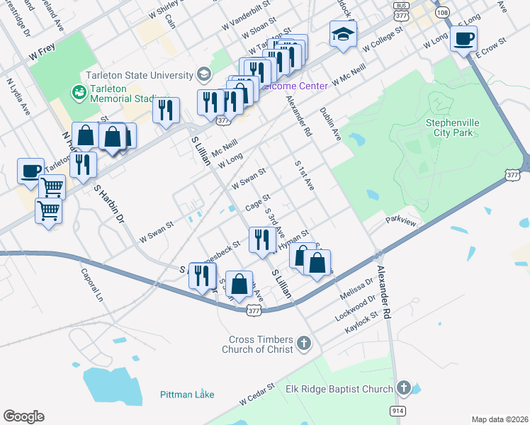 map of restaurants, bars, coffee shops, grocery stores, and more near 650 South 3rd Avenue in Stephenville