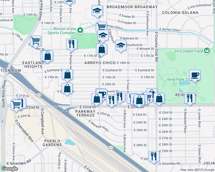 map of restaurants, bars, coffee shops, grocery stores, and more near 2540 East 20th Street in Tucson