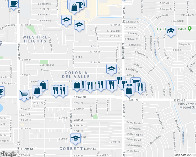 map of restaurants, bars, coffee shops, grocery stores, and more near 6101 East Beverly Street in Tucson