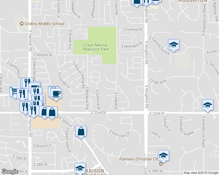 map of restaurants, bars, coffee shops, grocery stores, and more near 10051 East Susan Rae Place in Tucson