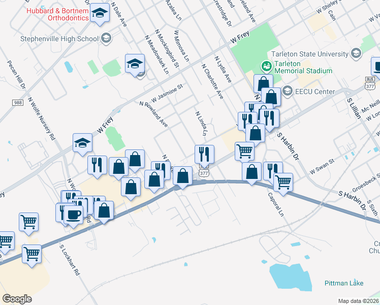 map of restaurants, bars, coffee shops, grocery stores, and more near 203 Rowland Street in Stephenville