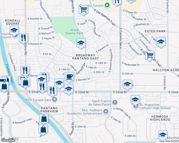 map of restaurants, bars, coffee shops, grocery stores, and more near 923 South Elmerita Avenue in Tucson