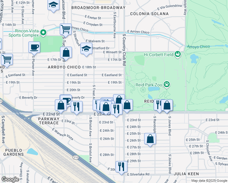 map of restaurants, bars, coffee shops, grocery stores, and more near 2950 East 20th Street in Tucson