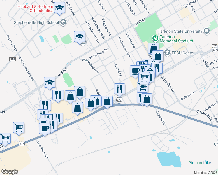 map of restaurants, bars, coffee shops, grocery stores, and more near 203 Rowland Street in Stephenville