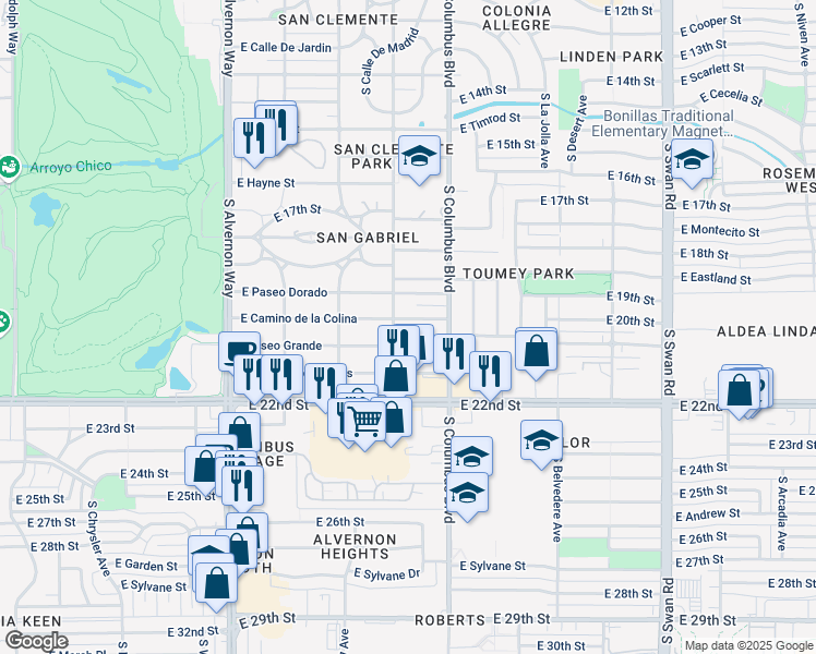 map of restaurants, bars, coffee shops, grocery stores, and more near 4216 East Camino de la Colina in Tucson