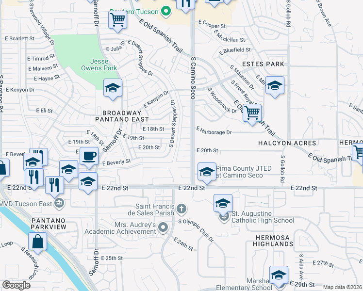 map of restaurants, bars, coffee shops, grocery stores, and more near 926 South Camino Seco in Tucson