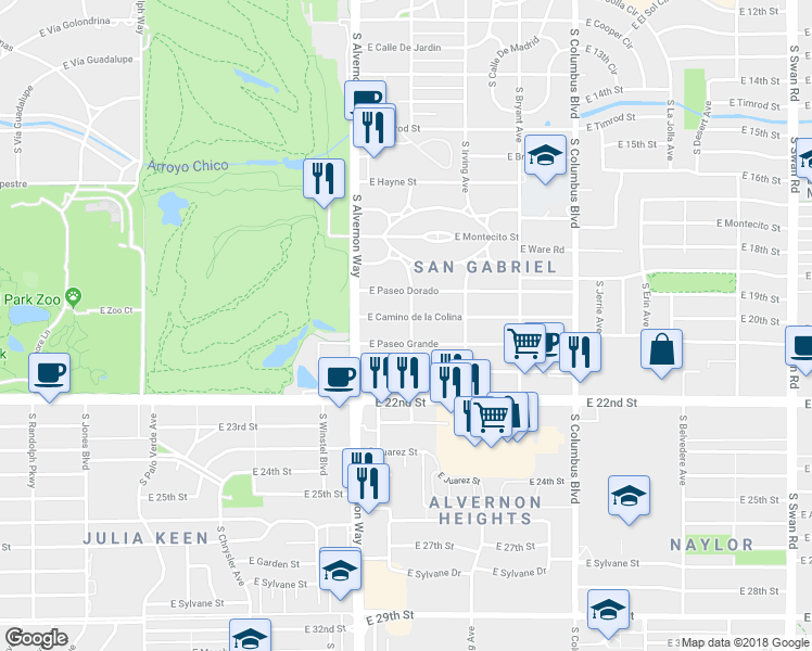 map of restaurants, bars, coffee shops, grocery stores, and more near 4002 East Camino de la Colina in Tucson