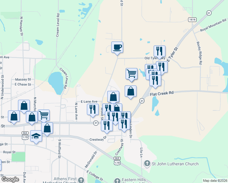 map of restaurants, bars, coffee shops, grocery stores, and more near 1405 East Tyler Street in Athens