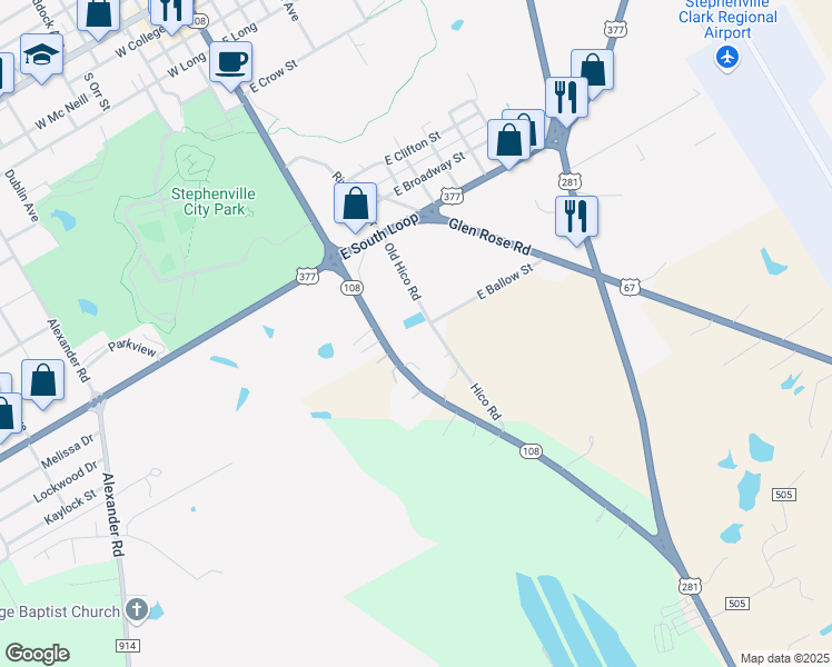 map of restaurants, bars, coffee shops, grocery stores, and more near 1000 Old Hico Road in Stephenville