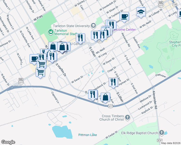 map of restaurants, bars, coffee shops, grocery stores, and more near 1609 West Swan Street in Stephenville