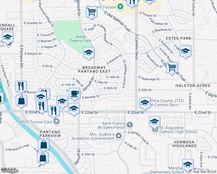 map of restaurants, bars, coffee shops, grocery stores, and more near 8507 East 20th Street in Tucson