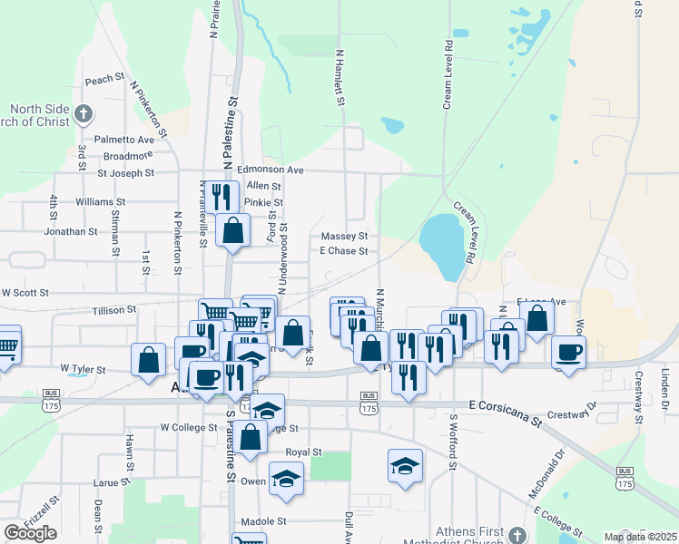 map of restaurants, bars, coffee shops, grocery stores, and more near 511 East Scott Street in Athens
