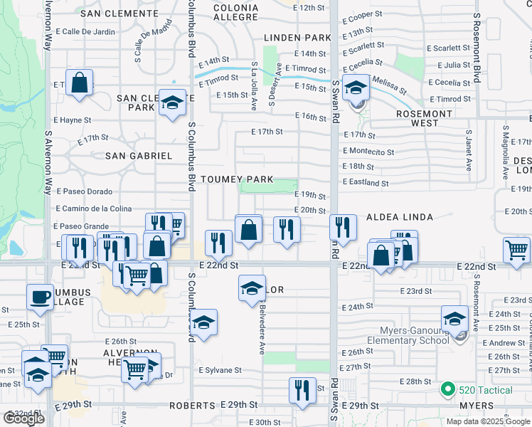 map of restaurants, bars, coffee shops, grocery stores, and more near 4504 East 20th Street in Tucson