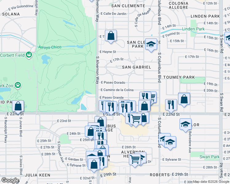 map of restaurants, bars, coffee shops, grocery stores, and more near 4002 E Camino De La Colina in Tucson
