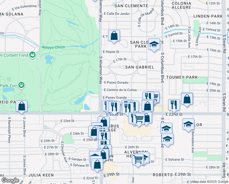 map of restaurants, bars, coffee shops, grocery stores, and more near 3964 Camino de la Colina in Tucson