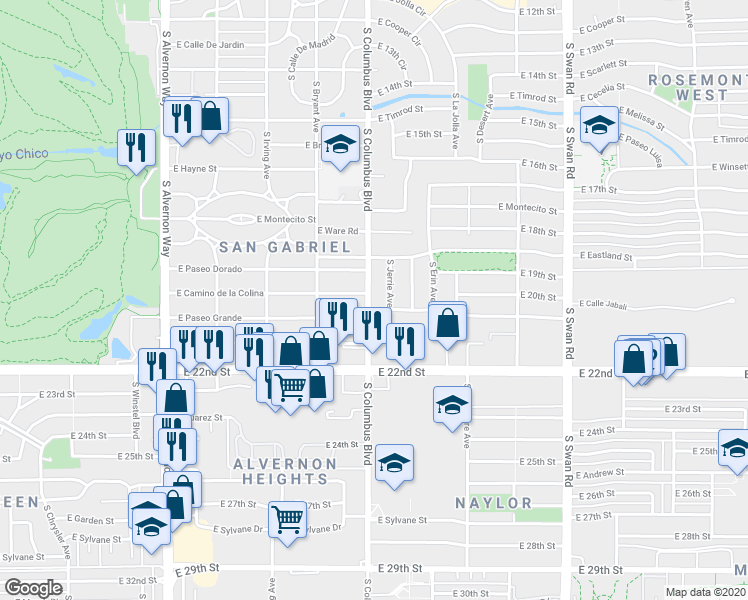 map of restaurants, bars, coffee shops, grocery stores, and more near 901 South Columbus Boulevard in Tucson