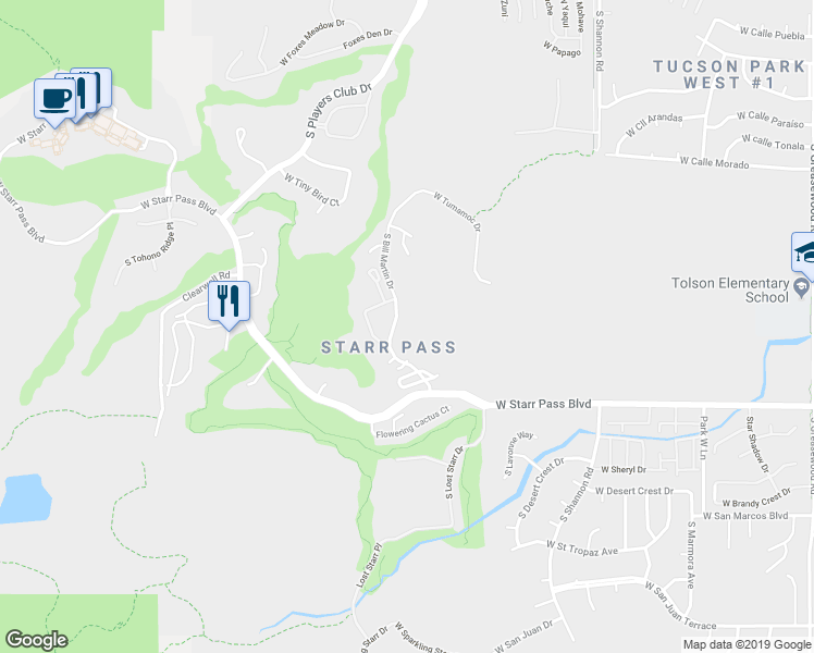 map of restaurants, bars, coffee shops, grocery stores, and more near 977 South Bill Martin Drive in Tucson